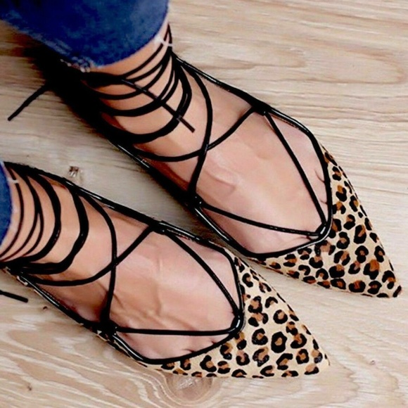 Zara Shoes - Zara Brown Leopard Pointed Toe Lace Up Flats